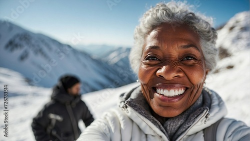 Joyful senior woman smiling broadly with snowy mountain landscape in the background.