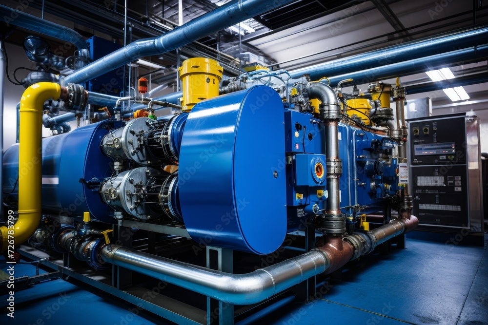 A large industrial condensing unit, surrounded by pipes and gauges, humming with energy in a factory setting, under the harsh glow of fluorescent lights A large industrial condensing unit, surrounded by pipes and gauges, humming with energy in a factory setting, under the harsh glow of fluorescent lights