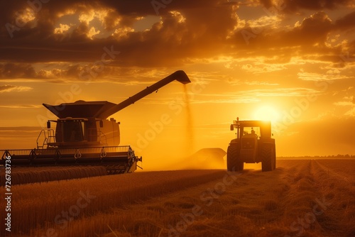 harvesters working through a wheat field during a vibrant sunset, casting long shadows and kicking up dust in the warm, golden light.