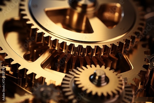 Close-up view of intricate gear teeth meshing together in a complex industrial machinery, bathed in the soft glow of artificial lighting