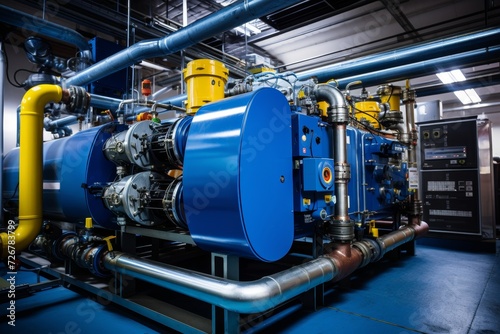 A large industrial condensing unit, surrounded by pipes and gauges, humming with energy in a factory setting, under the harsh glow of fluorescent lights