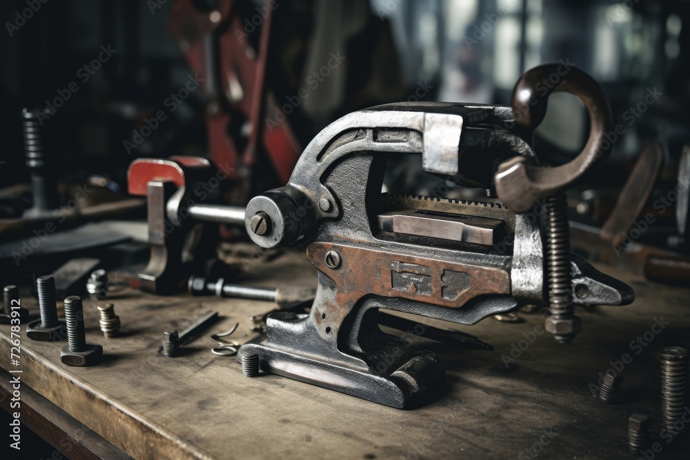 Fototapeta premium A Close-Up Image of a Rustic Metal Clamp, Displayed Against the Backdrop of an Industrial Workshop with Tools and Machinery