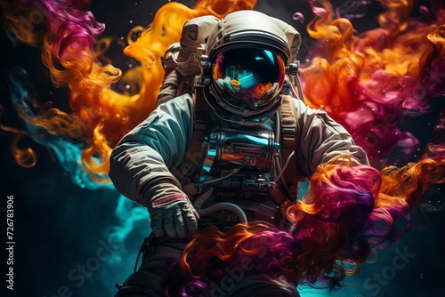 Futuristic astronaut in high-tech cosmosuit on colorful surface with captivating space background