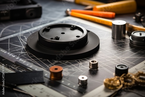 A Precision-Made Rubber Diaphragm, Essential for Industrial Applications, Resting on a Metallic Surface Surrounded by Blueprints and Engineering Tools
