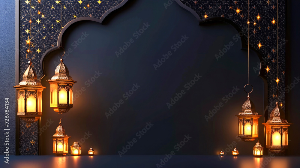 Ilustration of Ramadan Kareem celebration dark background design, Quran and islamic pattern lanterns decoration,