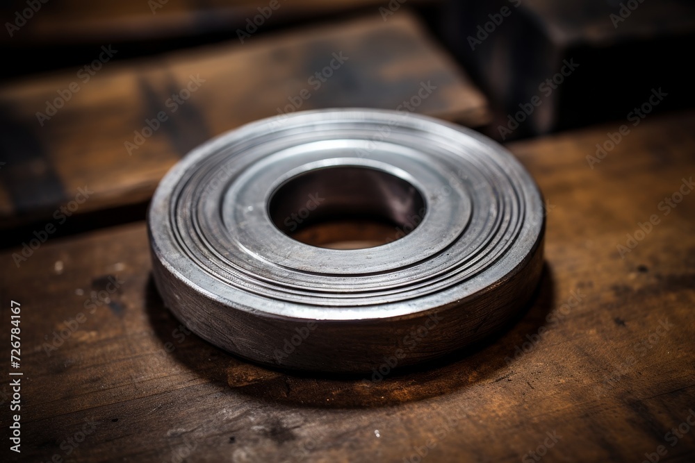 A close-up shot of a shiny steel washer, perfectly round and smooth, resting on a rustic wooden table in an old industrial workshop A close-up shot of a shiny steel washer, perfectly round and smooth, resting on a rustic wooden table in an old industrial workshop