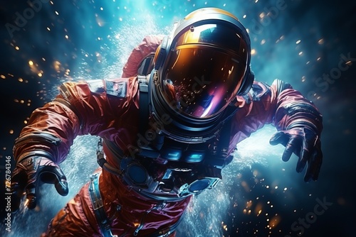 Vibrant astronaut in cosmosuit on colorful surface with space background, future concept photo