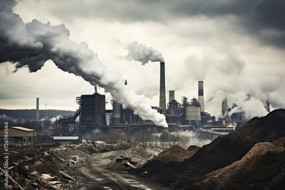 A Massive Pile of Coal Set Against the Backdrop of a Bustling Industrial Landscape, with Smokestacks Billowing into the Overcast Sky