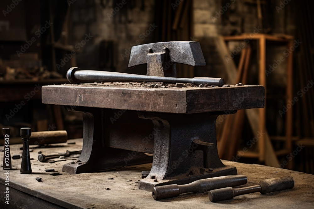 A robust, black anvil resting on a wooden block in a rustic industrial workshop, surrounded by various tools with a backdrop of brick walls and dim lighting