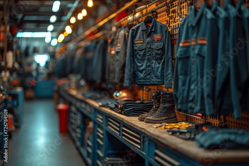 The construction workwear store is hanging on hangers