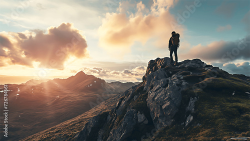 Man with backpack standing on top of mountain and looking at sunset. © Rama