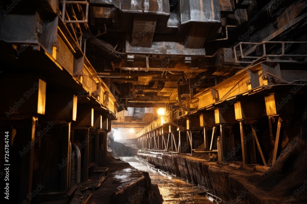 Close-up view of a hydraulic roof support system in an underground mine, showcasing the intricate design and robust construction against a dimly lit backdrop