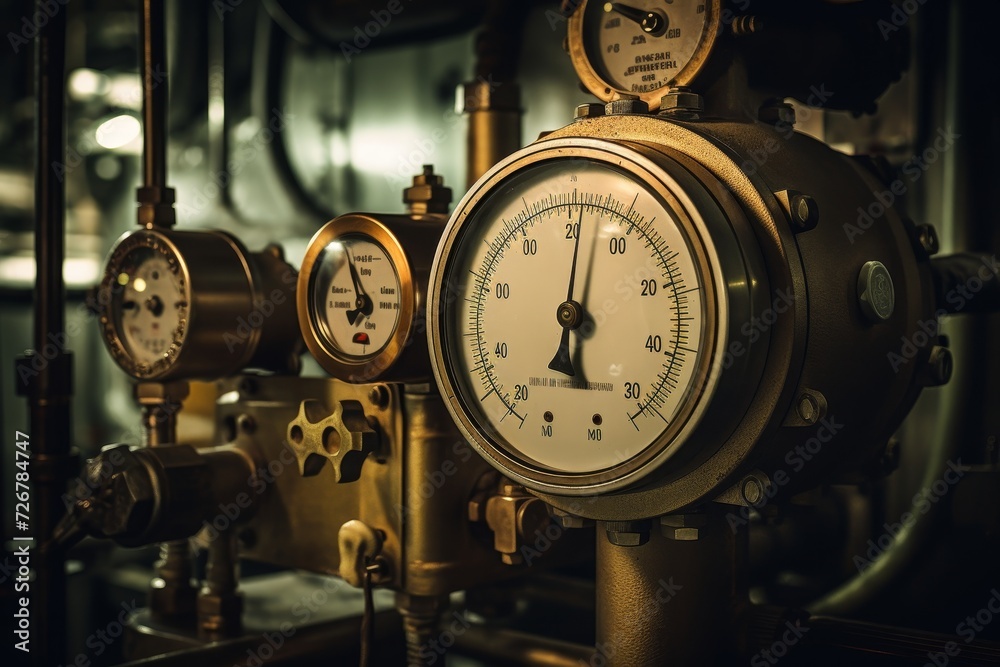 Close-up of a fuel gauge in an industrial setting, with a background of complex machinery and a maze of pipes under dim lighting Close-up of a fuel gauge in an industrial setting, with a background of complex machinery and a maze of pipes under dim lighting