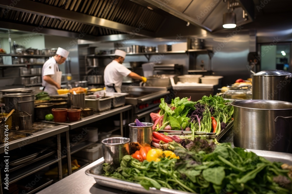 A bustling industrial galley kitchen with stainless steel appliances, chefs preparing meals, and a background of stacked fresh ingredients