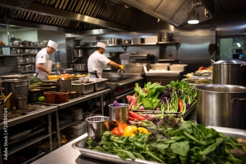 A bustling industrial galley kitchen with stainless steel appliances, chefs preparing meals, and a background of stacked fresh ingredients