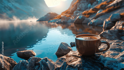 Cup of coffee on the background of a mountain lake at sunset
