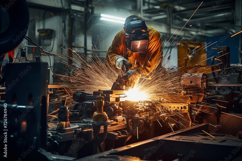 A riveting machine in action, surrounded by the industrial ambiance of a busy factory, with sparks flying and workers in the background A riveting machine in action, surrounded by the industrial ambiance of a busy factory, with sparks flying and workers in the background