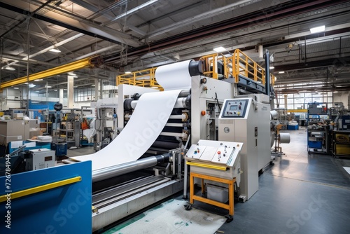 An industrial paper cutter in action, slicing through stacks of paper against a backdrop of a busy factory floor filled with machinery and workers