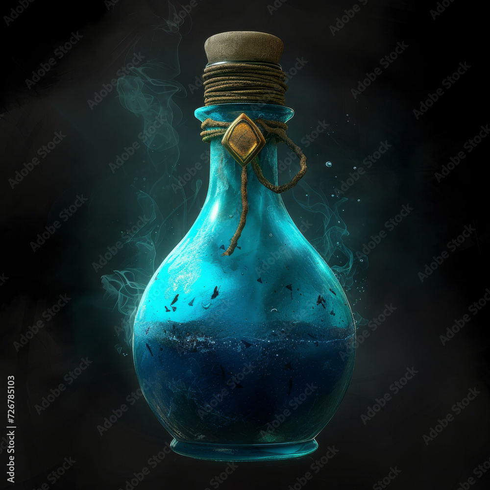 Blue magical potion flask with mystical elements. Magic elixir bottle by Generative AI - obrazy, fototapety, plakaty 