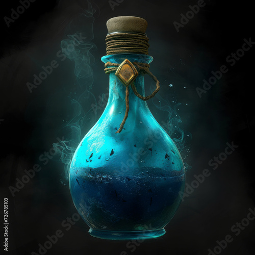 Blue magical potion flask with mystical elements. Magic elixir bottle by Generative AI photo