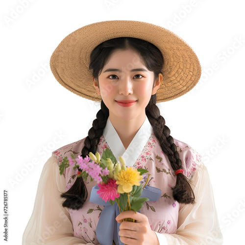 A Portrait of a Spring-Ready, Smiley Young Asian Woman in a Dress and Hat, Holding a Flower, Isolated on Transparent Background, PNG