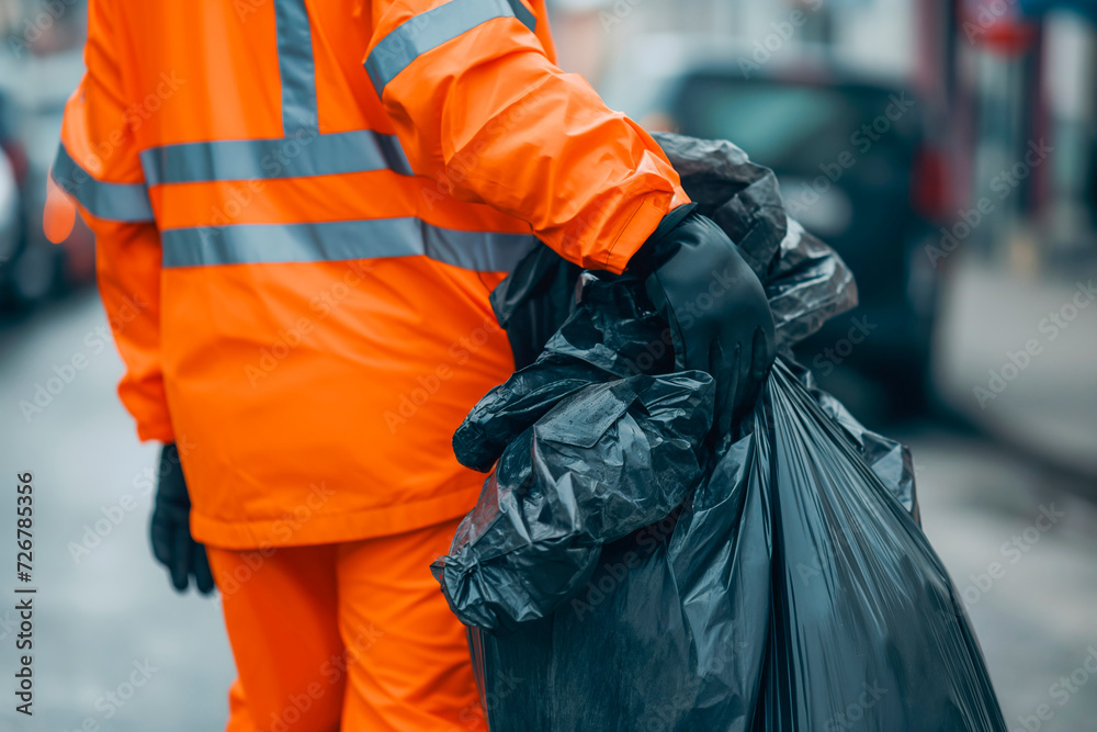 Garbage collector in orange uniform carrying trash, view from back Garbage collector in orange uniform carrying trash, view from back