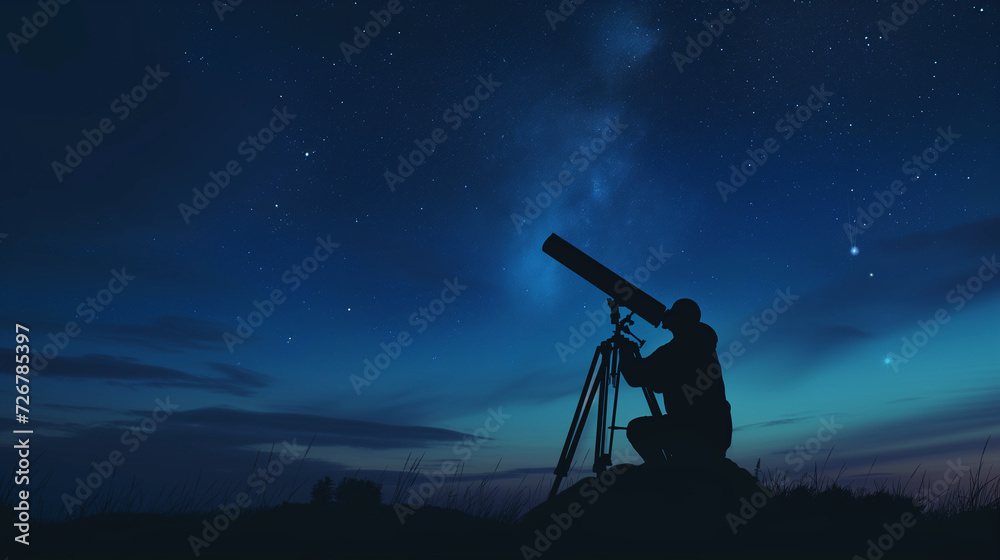 an amateur astronomer with a telescope, gazing at the night sky, capturing the wonder of the cosmos