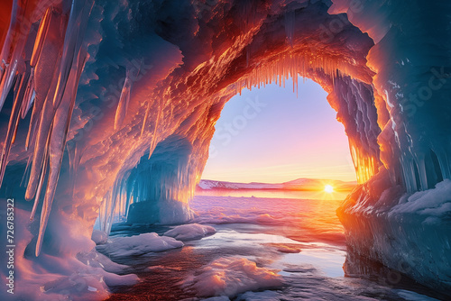 Icicles in cave on lake at sunset photo