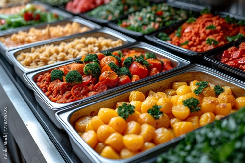 An array of vibrant and wholesome dishes from local produce are neatly arranged in trays, inviting one to indulge in the nourishing flavors of vegetarian whole foods at an indoor market buffet © Larisa AI