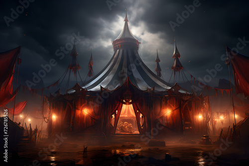 A circus tent shines with illuminations bright lights at night, Circus magic, Facade cirque, Festive attraction, Carnival allure, festive and welcoming attraction, Cheerful display, Happy gathering