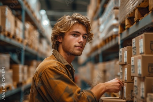 A solitary figure stands among towering shelves in a dimly lit warehouse, his human face obscured by a veil of clothing as he contemplates the endless rows of items before him