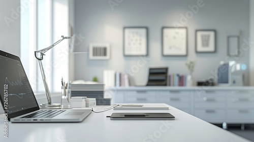 Modern doctor office with laptop, table lamp, stationery and decor on white table over blurred background. doctor's office, examination room. 3d render, 3d illustration  photo