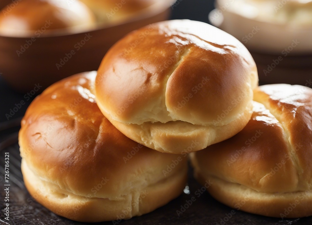 Homemade buns with sour cream on wooden table, closeup