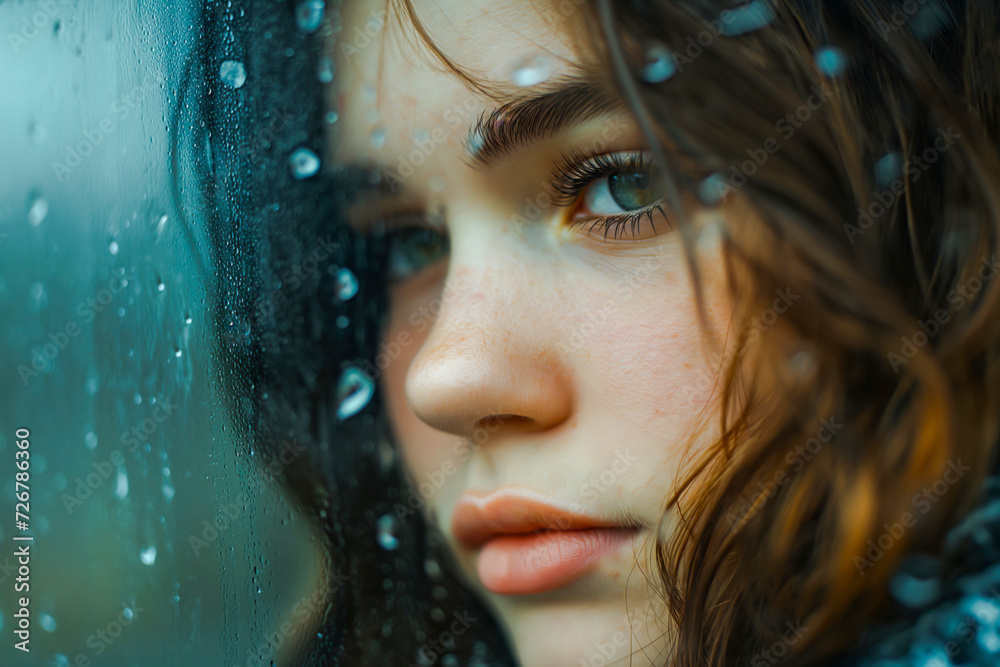 Portrait of a beautiful young sad and depressed girl, looking out of the window with raindrops on the glass window on a rainy day Portrait of a beautiful young sad and depressed girl, looking out of the window with raindrops on the glass window on a rainy day