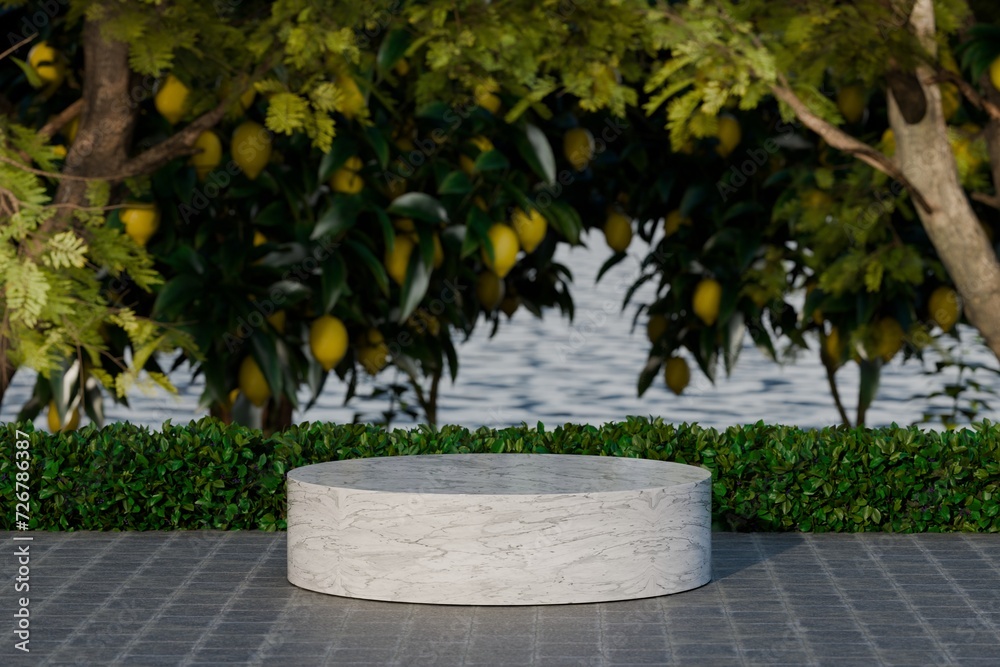 3D marble podium display with leaf garden. Copy space green nature background. Cosmetics or beauty product promotion mockup. Natural scene step pedestal. Trendy minimalist banner design, 3D rendering. 3D marble podium display with leaf garden. Copy space green nature background. Cosmetics or beauty product promotion mockup. Natural scene step pedestal. Trendy minimalist banner design, 3D rendering.