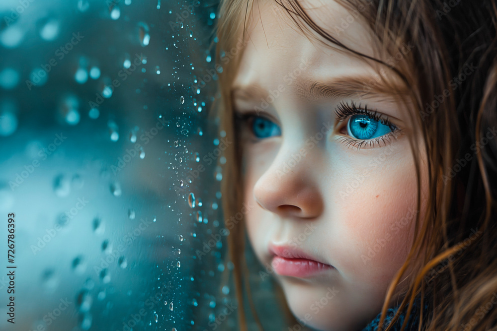 Portrait of a beautiful young sad and depressed girl, looking out of the window with raindrops on the glass window on a rainy day, sad child