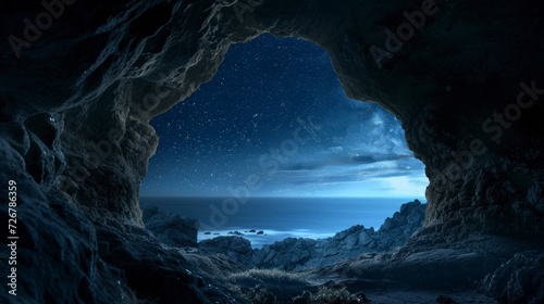 beautiful cave at night with well-lit starry sky in high resolution and high quality, caves at night concept