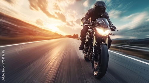 Motorcycle. Professional motorbike rider, riding with high speed on the way road. Way. Concept of motosport, speed, hobby, journey, activity. Sport