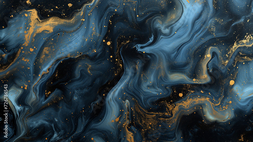 Black marble background with swirls of gold and blue, in the style of minimalist backgrounds, black paintings