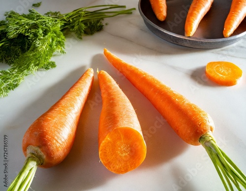 3 carrots cut in half on a kitchen top