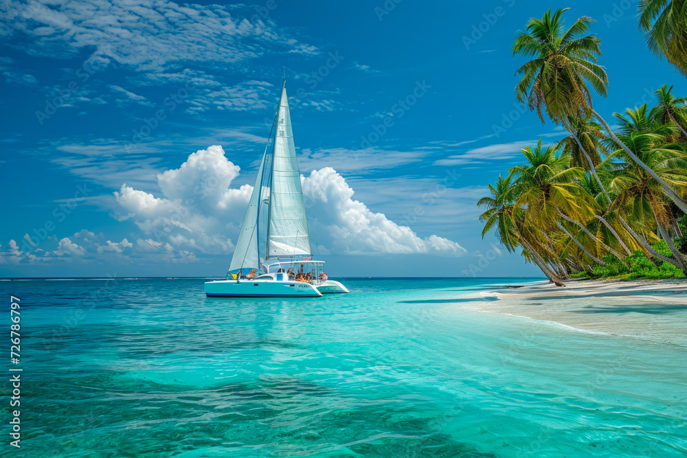 group of people sailing a catamaran in the Indian Ocean. The water is a beautiful shade of blue, and there are palm trees on the shore - obrazy, fototapety, plakaty 