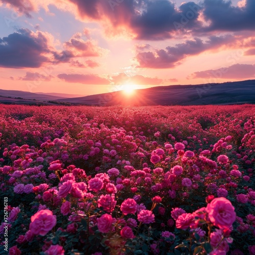 Stunning landscape with Roses field at sunset . pink Roses field
