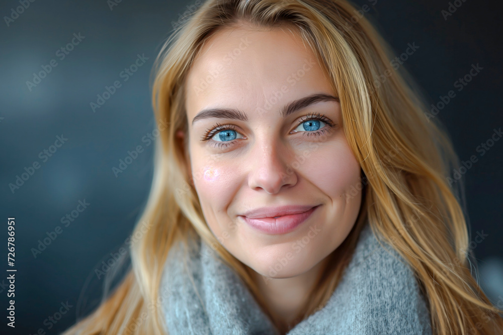 Portrait of smiling very attractive Swedish woman with blonde hair and blue eyes