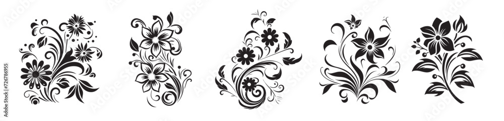Set of black and white flower vector siluette ornaments,  black and white gand drawing floral vector set