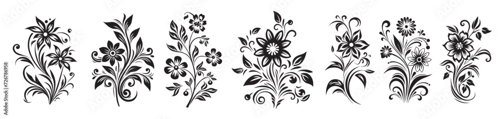 Black and white flower set vector ornaments