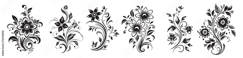 black and white vector set of flower shilouette ornaments, nature plants vector floral frames - obrazy, fototapety, plakaty 