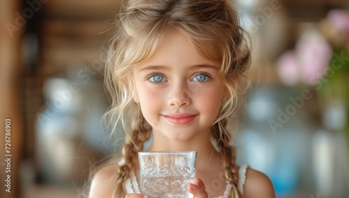A young girl, with brown hair and a captivating human face, gazes confidently at the camera while holding a glass of water, showcasing her innocence and strength against the backdrop of the outdoor w