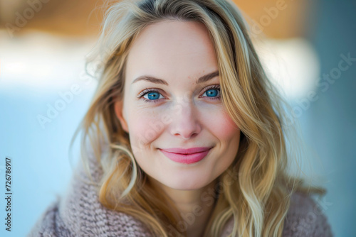 Portrait of smiling very attractive Swedish woman with blonde hair and blue eyes