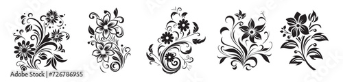 Set of black and white flower vector siluette ornaments,  black and white gand drawing floral vector set