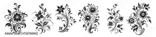 black and white vector set of flower shilouette ornaments, nature plants vector floral frames #726786962
